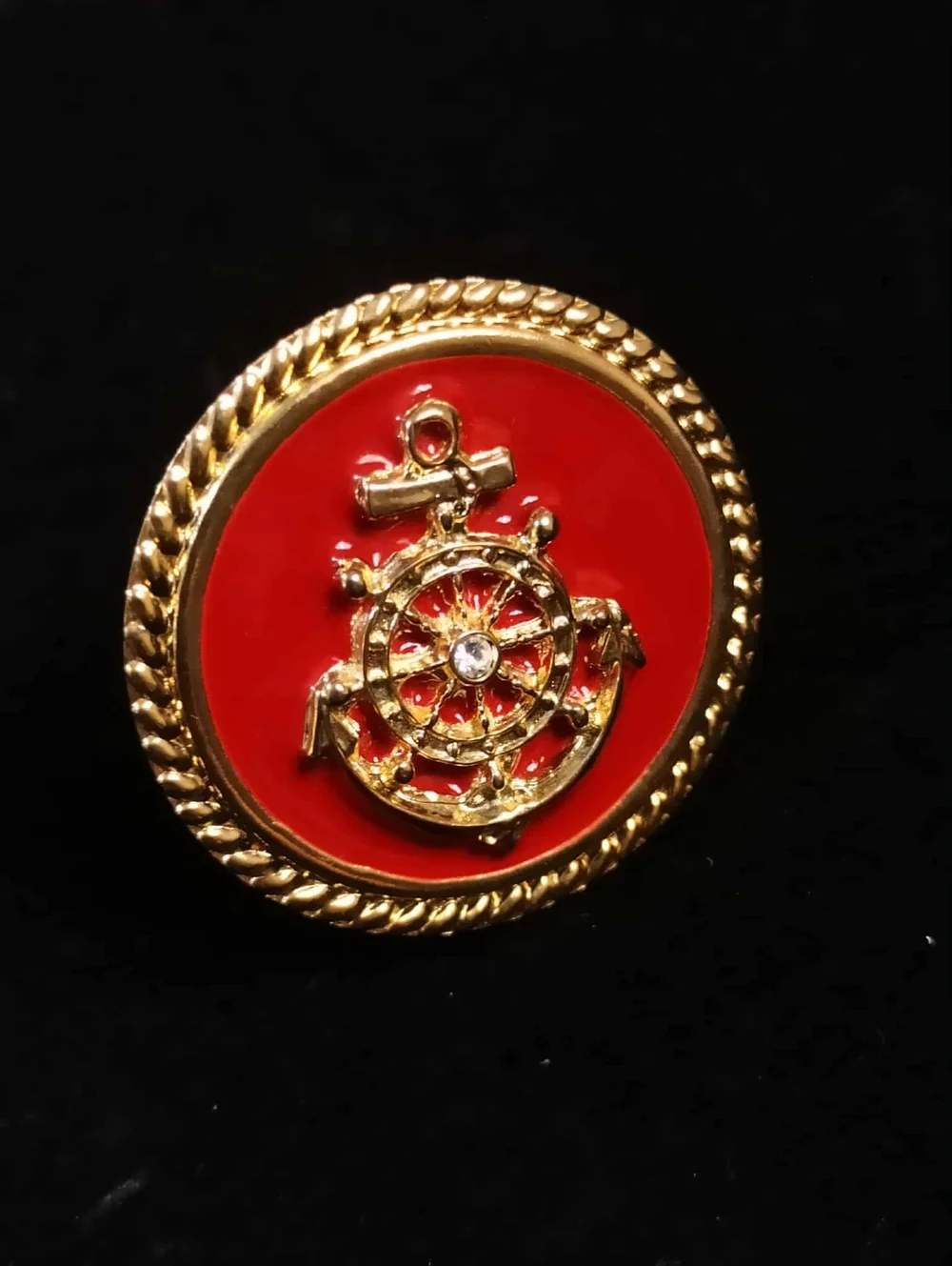 Vintage 80’s Nautical Ship Wheel Red Enamel Gold Tone Statement Ring Adjustable